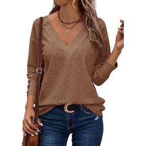 Dokotoo Women's Tops Dressy Casual V Neck Long Sleeve Buttons Hollow Out Lace Embroidered Blouses Shirts