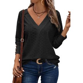 Dokotoo Women's Tops Dressy Casual V Neck Long Sleeve Buttons Hollow Out Lace Embroidered Blouses Shirts in Saudi Arabia