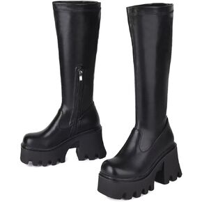 WUDPUNDR Mid Calf Platform Boots for Women Chunky Heel Round Toe High Heeled Knee Tall Boots