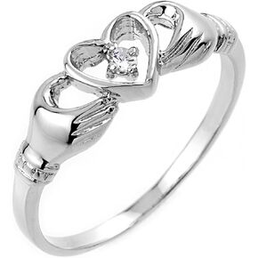 10k White Gold Diamond Accent Solitaire Open Heart Claddagh Ring (J-K Color, I1-I2 Clarity)