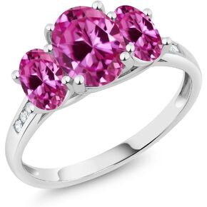 Gem Stone King 10K White Gold Pink Created Sapphire and White Diamond Oval 3-Stone Engagement Ring For Women (2.65 Cttw, Gemstone September Birthstone, Available In Size 5, 6, 7, 8, 9)