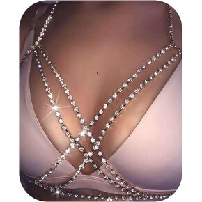 Rhinestone Body Chain Silver Body Chain Bra Sexy Summer Beach Body Jewelry Sparkly Rhinestone Bralette Chain Bikini Body Jewelry for Women Girls