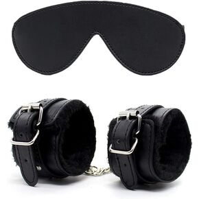 Fluffy Handcuffs PU Eye Mask Blindfold Kit - Fluffy Hand Cuff Set - Adjustable Handcuffs Fluffy Bracelet - Fluffy Eye Mask (Black)