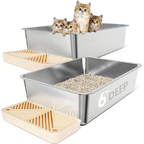 Chenove 2 Pack Extra Large Stainless Steel Litter Box, XL Cat Litter Box with High Sides for Big Cat & Multiple Cats, Odor Control Metal Cat Litter Pan Tray, Easy to Clean, Non-Stick, Rust Proof