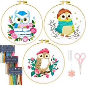 ASTNIC Embroidery Kit for Beginners, 3 Sets Cute Owl Embroidery Patterns Kit with Punch Needle Instructions Arts and Crafts Cross Stitch Kits for Beginner Adults Woman Gifts Gifts(Owl with Flower)