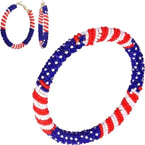 4th of July beaded Bangle Bracelet and American Flag Hoop Earrings Jewelry for Women, Handmade Patriotic Red White Blue Beaded Hoop Dangle Earrings Wristband Set, Hypoallergenic 4th of July Independence Day Decorations Holiday Accessories Gifts
