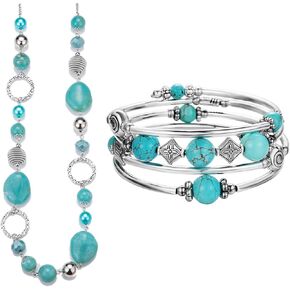 PEARL&CLUB Long Turquoise Beaded Necklace Bangle Wrap Bracelet Set