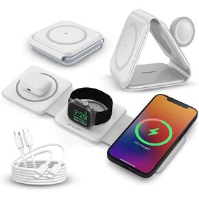PWR Flex 3-in-1 Charging Station for Multiple Devices - Portable Wireless Charging Station Compatible with Apple Watch, iPhone, Samsung, Airpods and Qi Wireless Devices, White