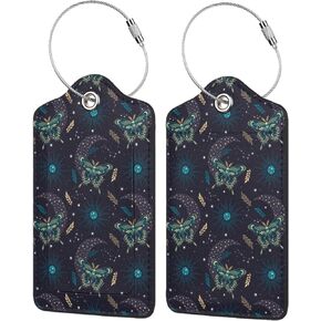 Butterfly Sun Stars Luggage Tag Set of 2 Leather Luggage Tag with Name Card PU Baggage Tags for Women Men Travel Fun Laggage Tags