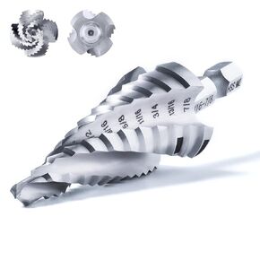 toolant Four Spiral Flute Step Drill Bit(Pro), 3/16"-7/8" Impact Ready Advanced High Speed Steel Unibit Step Bit, 1/4" Hex Shank Unibit for Metal, Stainless Steel, Aluminum, Wood, Plastic
