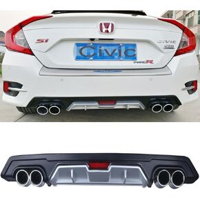 Rear Bumper Diffuser With Red LED 3rd Brake Light & Decorative Exhaust Tips for 2016 2017 2018 2019 Honda Civic 4 Door Sedan