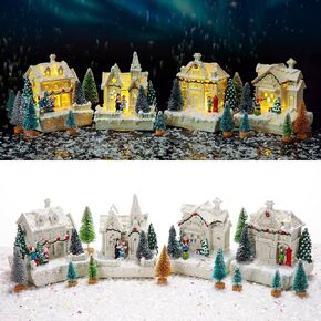 15 Pcs Christmas Village Accessories Set 4 Led Lighted Christmas Village Houses 10 Frosted Trees 3.5 oz Fake Snow for Christmas Village Collection Tabletop Mantel Shelf Indoor Room Decor (Elegant)