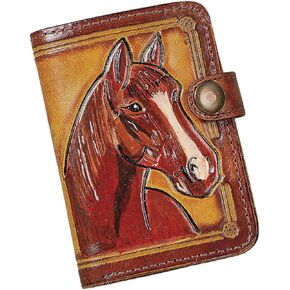 SAGEFINDS Tooled Genuine Leather Horse Wallet | Multi Card and Cash Holder | Hand-Painted | Equestrian Gift | Fold Over Button-Snap Closure | 4.75" x 3"