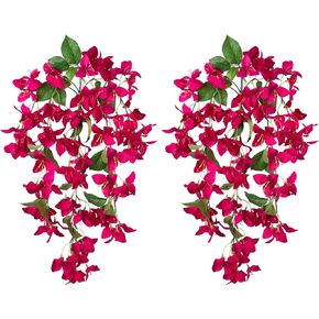 Artificial Faux Trailing Plants Flowers for Outdoor Outside Fall Autumn Decoration, 2PCS Fake Silk Bougainvillea Long Vines UV Resistant Faux Flowers for Home Porch Patio Balcony Planter Yard, Fuchsia