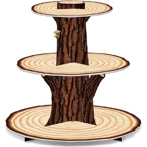 Wooden Cupcake Stand Decoration 3 Tier Western Party Cake Holder Woodland Baby Shower Rustic Wood Cupcake Stand Decor for Camping Birthday Party Woodland Animals Hunting Forest Safari Party Supplies