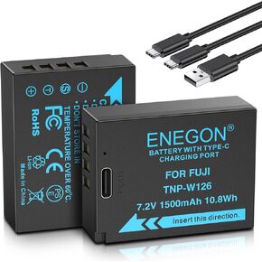 بطاريات بديلة للشحن المباشر ENEGON NP-W126/W126S USB C بقدرة 1500 مللي أمبير في الساعة (عبوتان) مع كابل شحن USB-C 2 في 1 لـ Fujifilm NP-W126 FinePix HS30EXR HS35EXR HS50EXR X-A1/E1/E2/E3/M1/Pro1/ T1/T3 in Kuwait