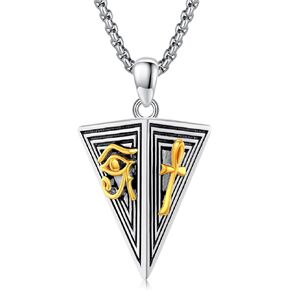 Egyptian Necklace Sterling Silver Pyramid Pendant Ankh Cross and Evil Eye of Horus Religious Jewelry Gifts for men