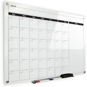 Real Glass Dry Erase Monthly Calendar, Giant Size 34" x 46", Bright White Tempered Glass Surface, Frameless Wall Mount, with 4 Assorted Color Markers and Eraser, by Better Office Products