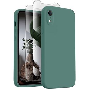 for iPhone XR Phone Case,[Square Edges][Camera Protection]Silicone Upgraded Shockproof Protective Phone Case with [2X Screen Protectors],Soft Anti-Scratch Microfiber Lining, 6.1 inch, Calke Green