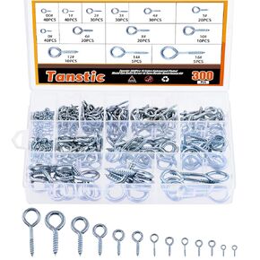 300Pcs 13 Sizes Brass Plated Eye Bolts Screw Eyes Assortment Kit, Screw-in Eye Bolts Screw Eyes Hooks Screw in Hooks Ceiling Hanging Hooks for Home Workplace Office