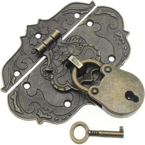 Antique Engraved Decorative Hasp Latch & Mini Bear Padlock Kit 76 x 57 mm Oval Zinc Alloy Hasp Clasp with Screws for Jewelry Box Ordinary Box Wooden Case Furniture Decoration