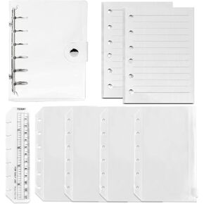 Refillable A7 Notebook Set with Cover - 6 Hole Loose Leaf PVC Binder Cover + 90 sheets (180 Pages) of Lined Paper + 4pcs A7 Zipper Binder Pockets + Ruler,for 6 Ring Binder Journal Notebook
