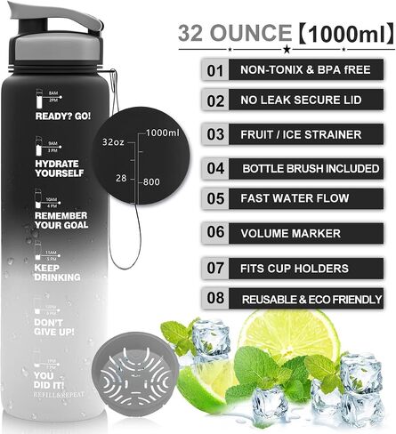 ZORRI 32 OZ Water Bottles, BPA Free Leak Proof Motivational Times Tracking Sports Bottle, Reusable Tritan Plastic Water Jug for Sports & Outdoors, Gym, Yoga, Workout, School, Office in Saudi Arabia