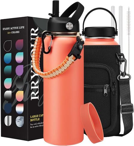 64 oz Water Bottle with Straw Stainless Steel - Wide Mouth 1/2 Gallon Water Bottles Keep Ice Cold-48H & Hot-24H, Double-wall Metal Water Jug w/Paracord Handle, Water Bottle Sleeve, Protective Boot in Saudi Arabia