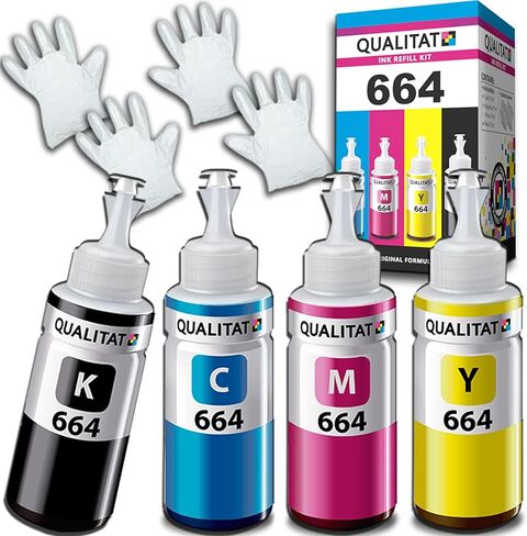 Epson 664 Ink Refill Bottles All 4 Colors + 4 Gloves + Ink Storage Box | Epson 664 Ink for Epson ET 2550 Ink Refill, ET-2650, ET-2600, ET-2500 (Black, Cyan, Magenta, Yellow) | Epson Ink 664 in Saudi Arabia