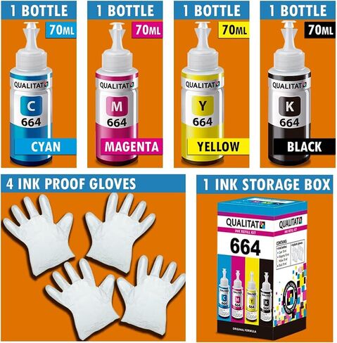 Epson 664 Ink Refill Bottles All 4 Colors + 4 Gloves + Ink Storage Box | Epson 664 Ink for Epson ET 2550 Ink Refill, ET-2650, ET-2600, ET-2500 (Black, Cyan, Magenta, Yellow) | Epson Ink 664 in Saudi Arabia