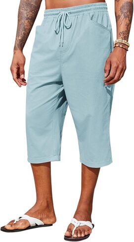 Runcati Mens Harem Capri Pants Casual Elastic Waist Cotton 3/4 Shorts Summer Beach Yoga Tapered Trousers in Saudi Arabia