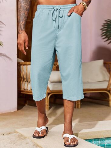 Runcati Mens Harem Capri Pants Casual Elastic Waist Cotton 3/4 Shorts Summer Beach Yoga Tapered Trousers in Saudi Arabia