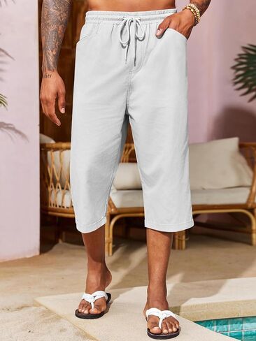 Runcati رجل الحريم كابري السراويل عارضة مرونة الخصر القطن 3/4 السراويل الصيف الشاطئ اليوغا مدبب السراويل in Kuwait