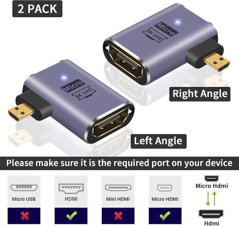 Poyiccot Micro HDMI to HDMI Adapter 8K, 90 Degree Micro HDMI Male to HDMI Female Adapter, Up & Down Angle Micro HDMI 2.1 Adapter with Bidirectional 48Gbps High Speed for Hero 7/Raspberry Pi 4, 2pack in Saudi Arabia