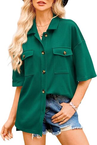 BTFBM Women Button Down Shirts Summer Casual Short Sleeve Side Slit High Low Hem Loose Fit Collared Shirt Blouse Top in Saudi Arabia
