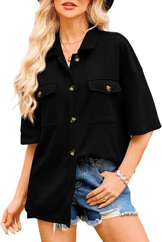 BTFBM Women Button Down Shirts Summer Casual Short Sleeve Side Slit High Low Hem Loose Fit Collared Shirt Blouse Top in Saudi Arabia