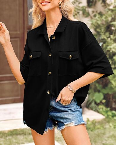 BTFBM Women Button Down Shirts Summer Casual Short Sleeve Side Slit High Low Hem Loose Fit Collared Shirt Blouse Top in Saudi Arabia