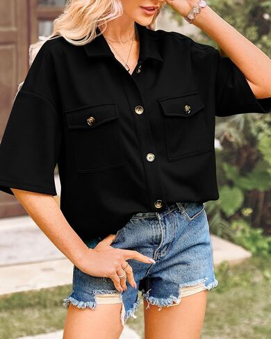 BTFBM Women Button Down Shirts Summer Casual Short Sleeve Side Slit High Low Hem Loose Fit Collared Shirt Blouse Top in Saudi Arabia