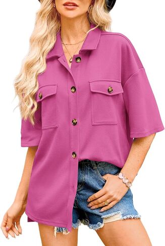 BTFBM Women Button Down Shirts Summer Casual Short Sleeve Side Slit High Low Hem Loose Fit Collared Shirt Blouse Top in Saudi Arabia