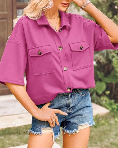 BTFBM Women Button Down Shirts Summer Casual Short Sleeve Side Slit High Low Hem Loose Fit Collared Shirt Blouse Top in Saudi Arabia
