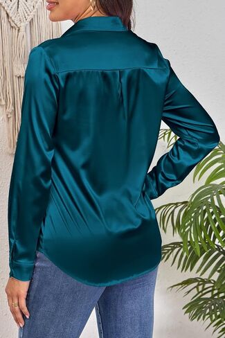 بلوزة حريرية حريرية بأزرار سفلية بأكمام طويلة، بلوزة حريرية ناعمة لامعة، بلوزات علوية in Kuwait