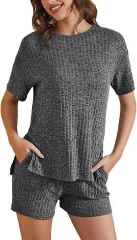 difficort Womens Pajama Sets Short Sleeve Pjs Soft Sleepwear Ribbed Knit Lounge Set with Pockets in Saudi Arabia