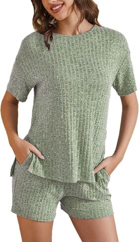 difficort Womens Pajama Sets Short Sleeve Pjs Soft Sleepwear Ribbed Knit Lounge Set with Pockets in Saudi Arabia