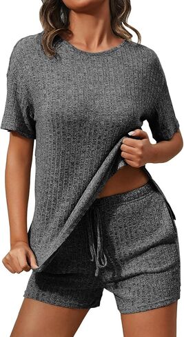 difficort Womens Pajama Sets Short Sleeve Pjs Soft Sleepwear Ribbed Knit Lounge Set with Pockets in Saudi Arabia
