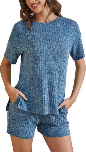 طقم بيجامة حريمي من difficort بأكمام قصيرة من Pjs ملابس نوم ناعمة مضلعة مع جيوب in Kuwait