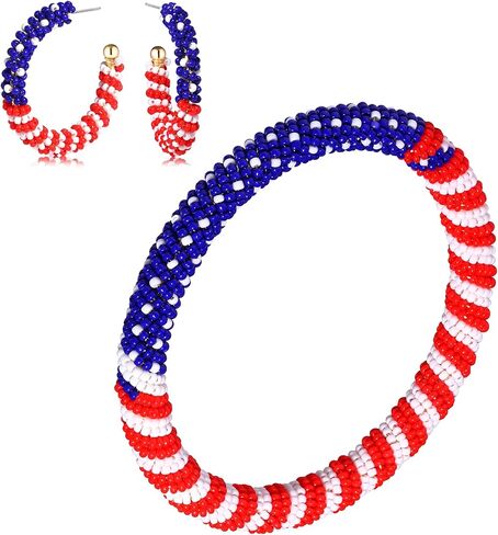 4th of July beaded Bangle Bracelet and American Flag Hoop Earrings Jewelry for Women, Handmade Patriotic Red White Blue Beaded Hoop Dangle Earrings Wristband Set, Hypoallergenic 4th of July Independence Day Decorations Holiday Accessories Gifts in Saudi Arabia