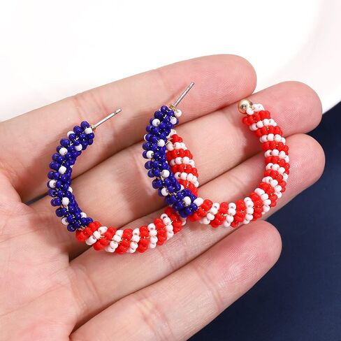 4th of July beaded Bangle Bracelet and American Flag Hoop Earrings Jewelry for Women, Handmade Patriotic Red White Blue Beaded Hoop Dangle Earrings Wristband Set, Hypoallergenic 4th of July Independence Day Decorations Holiday Accessories Gifts in Saudi Arabia