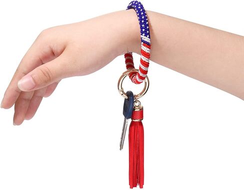 4th of July beaded Bangle Bracelet and American Flag Hoop Earrings Jewelry for Women, Handmade Patriotic Red White Blue Beaded Hoop Dangle Earrings Wristband Set, Hypoallergenic 4th of July Independence Day Decorations Holiday Accessories Gifts in Saudi Arabia