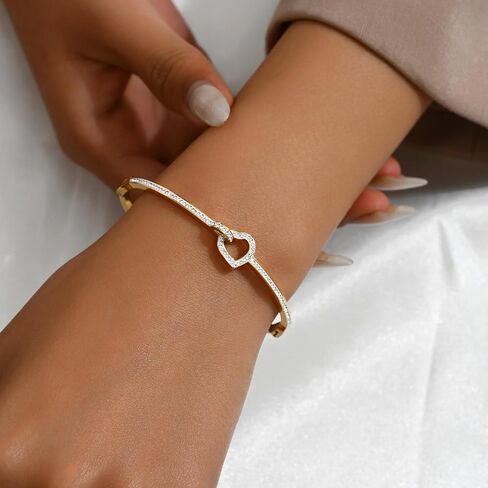 Bangle Bracelets for Women 18K Gold Plated Dainty Cubic Zironia Heart Hollow Out Honeycomb Classic Tennis Bracelet Gold Bracelets Gifts for Girls in Saudi Arabia
