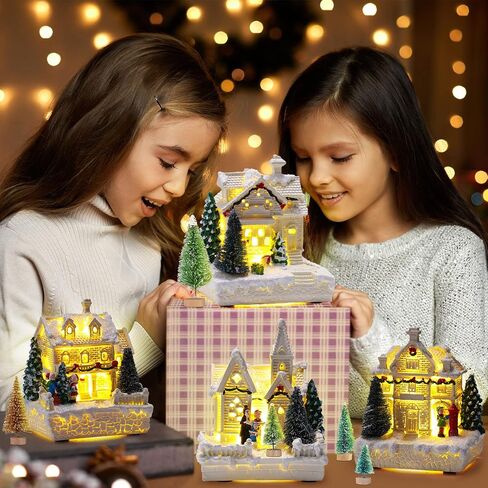 مجموعة إكسسوارات قرية عيد الميلاد 15 قطعة، 4 منازل قرية عيد الميلاد مضاءة بإضاءة LED، 10 أشجار متجمدة 3.5 أونصة ثلج مزيف لمجموعة قرية عيد الميلاد، رف طاولة رف ديكور داخلي للغرفة (أنيق) in Kuwait